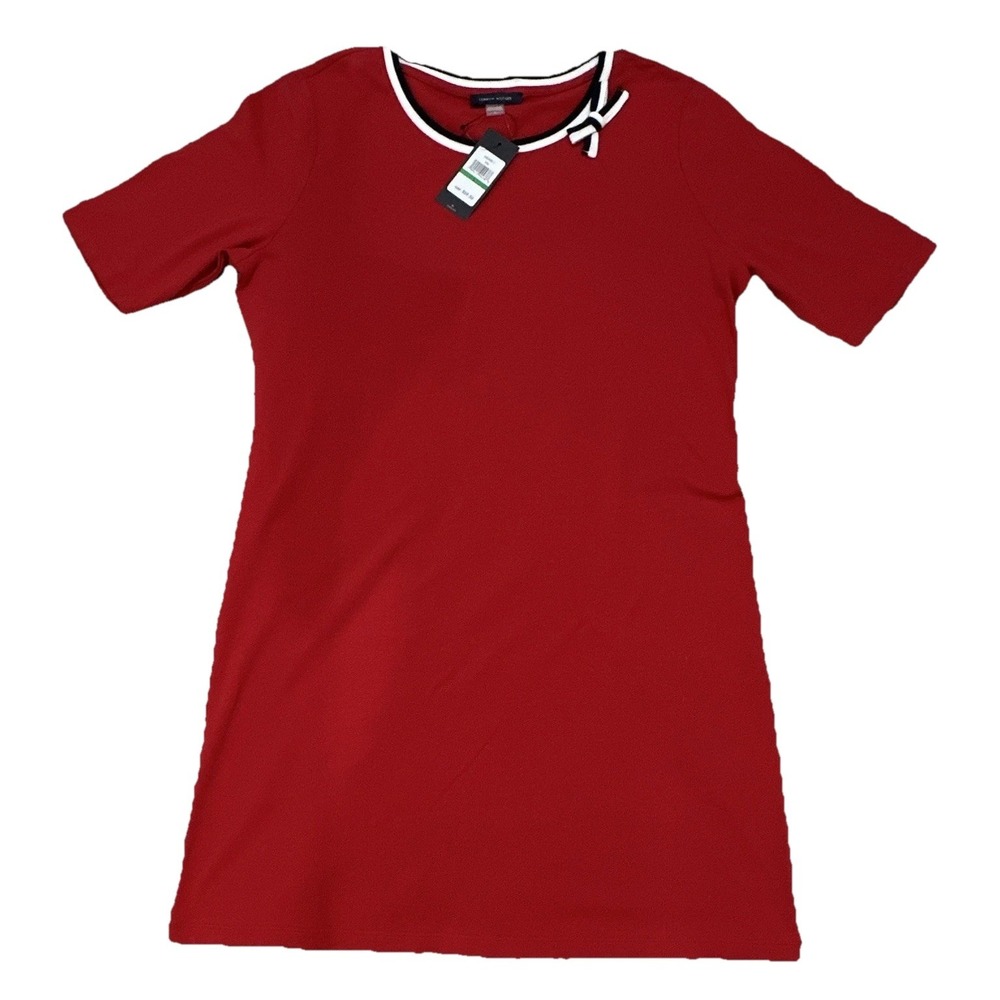 Tommy Hilfiger Women's Red Solid Shift Dress Round Neck Bow Short Sleeve L